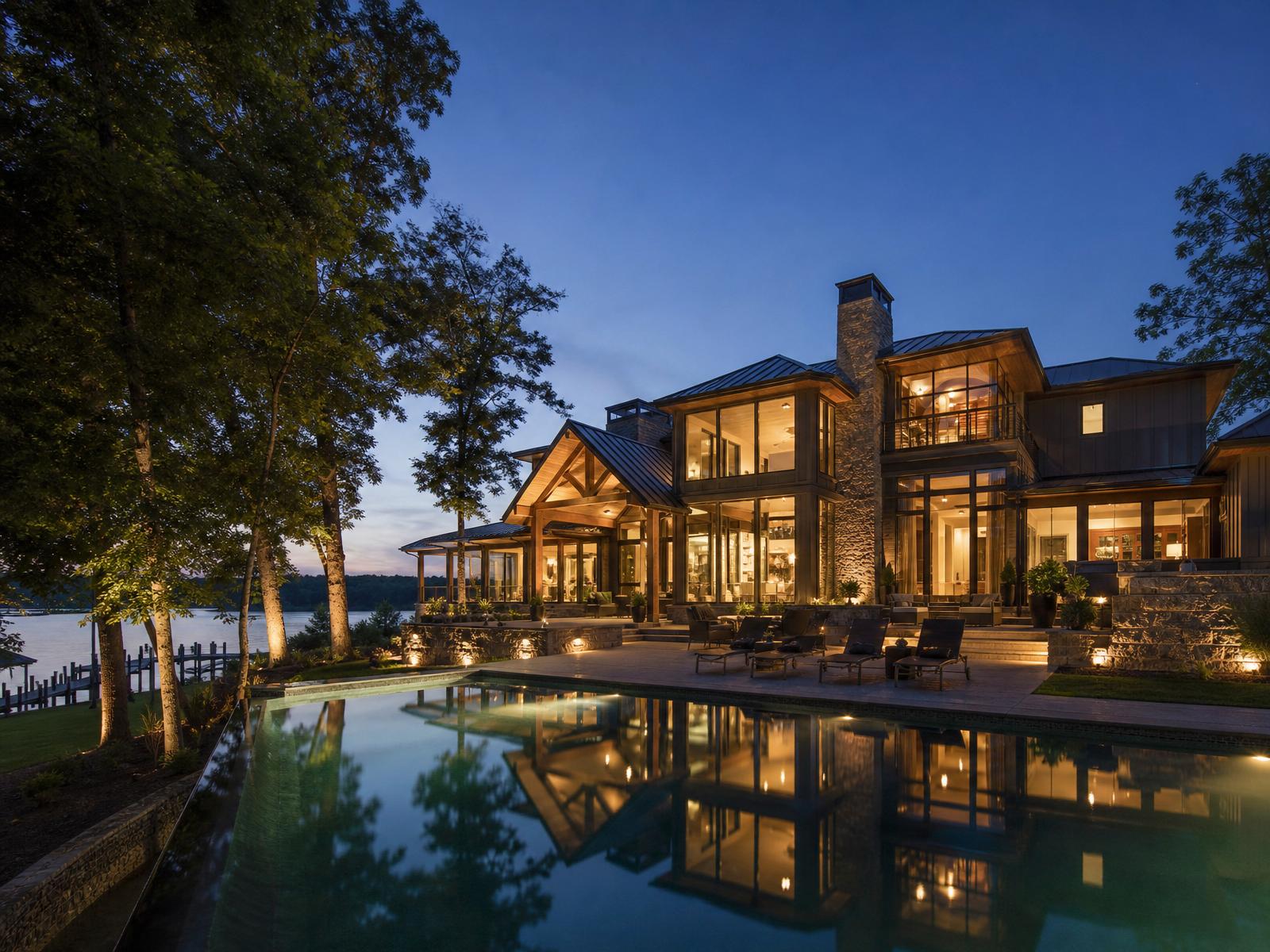 Modern lakefront luxury estate at blue hour with infinity pool