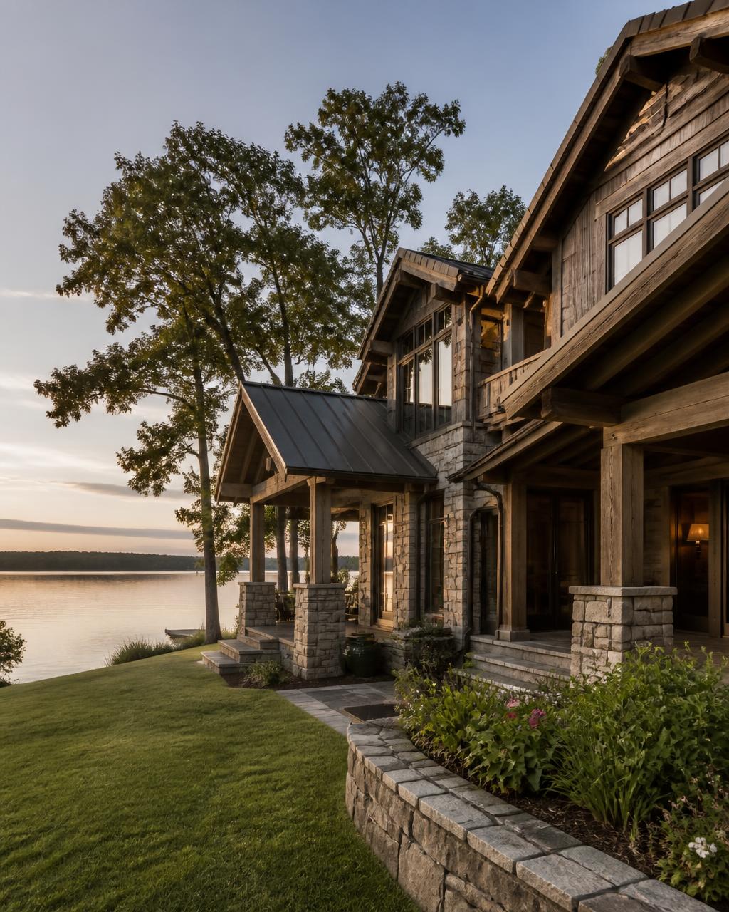 Modern lakefront custom home at blue hour