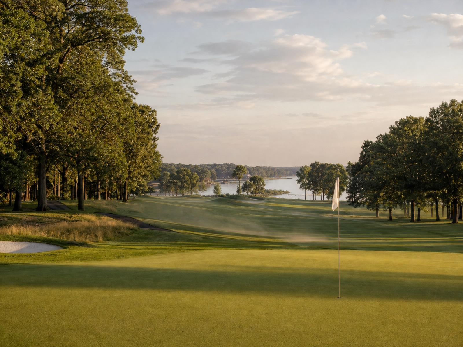 Championship golf green at sunset on Lake Norman