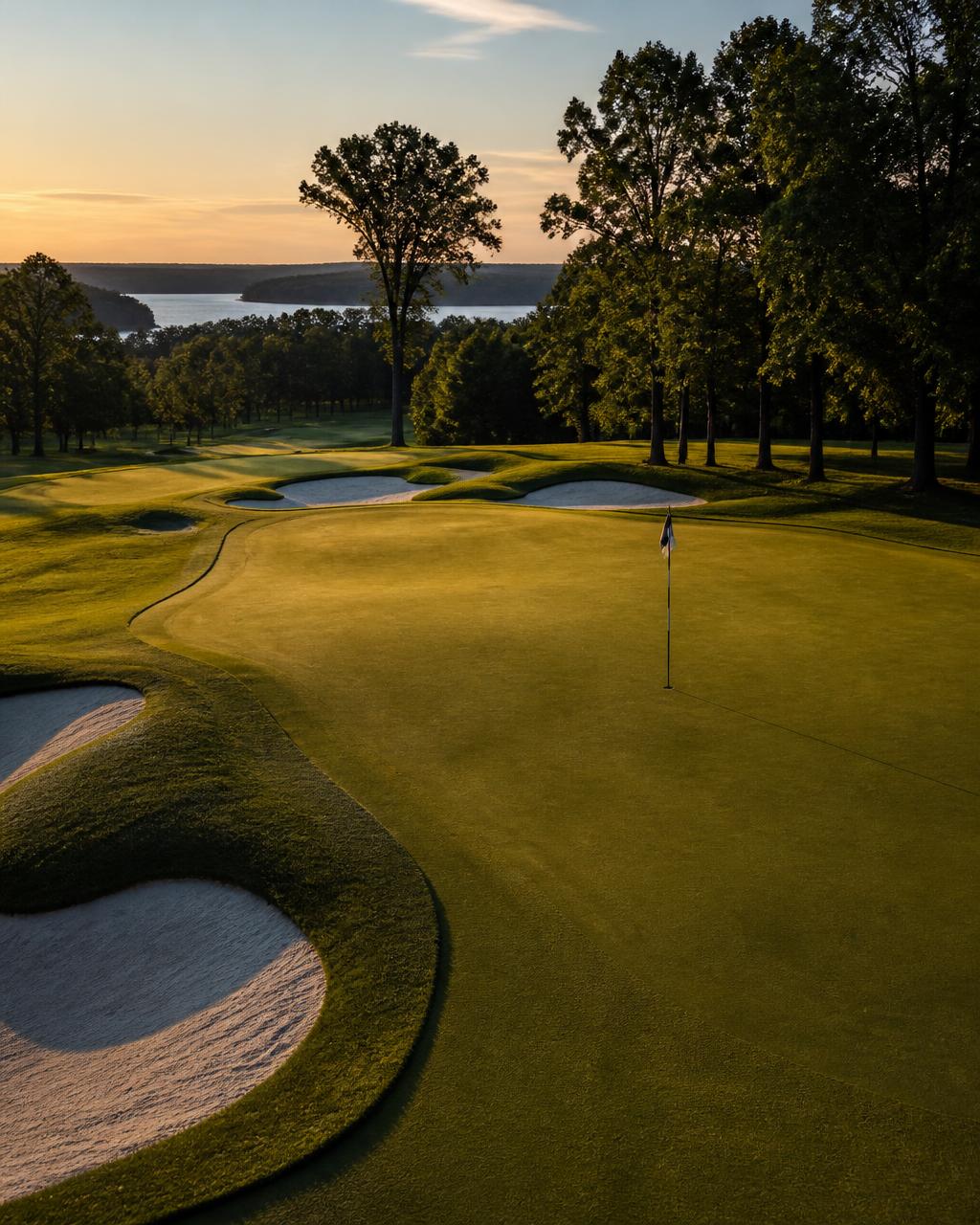 Championship golf green at sunset