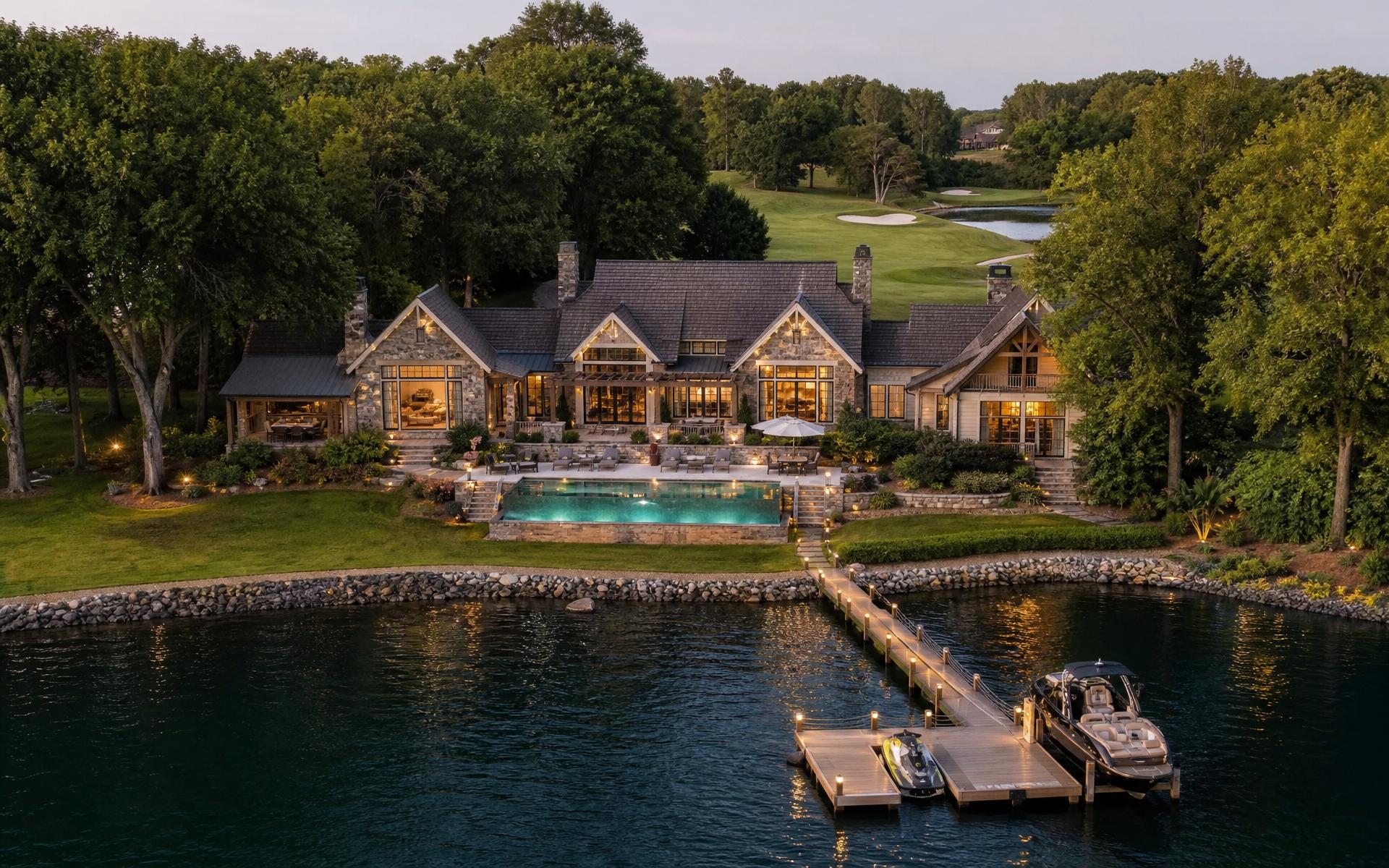 Aerial view of a luxury waterfront estate on Lake Norman at sunset with private dock, infinity pool, and golf course beyond