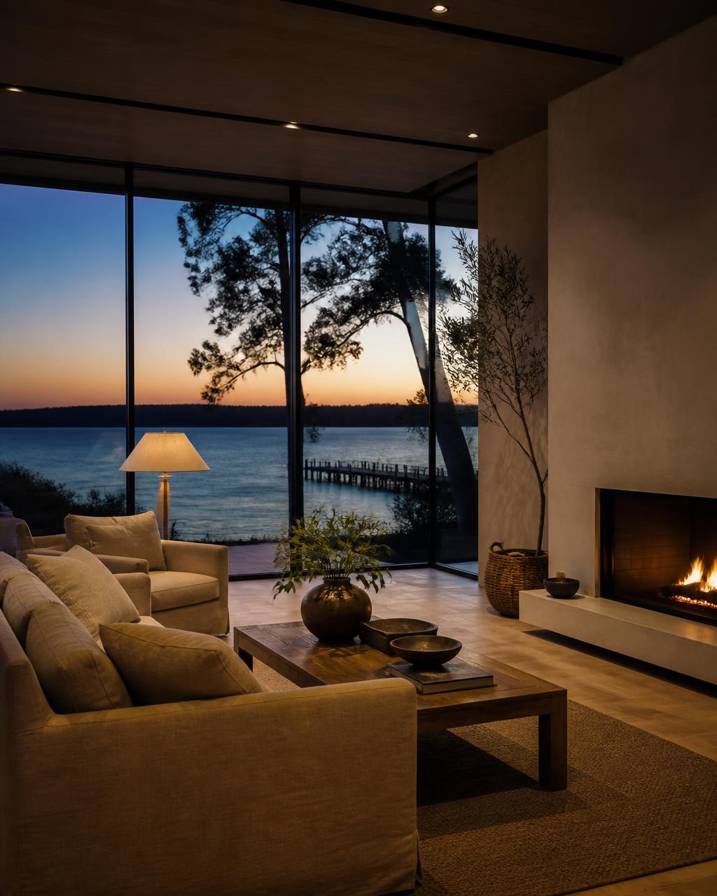 Elegant lakefront living room at dusk