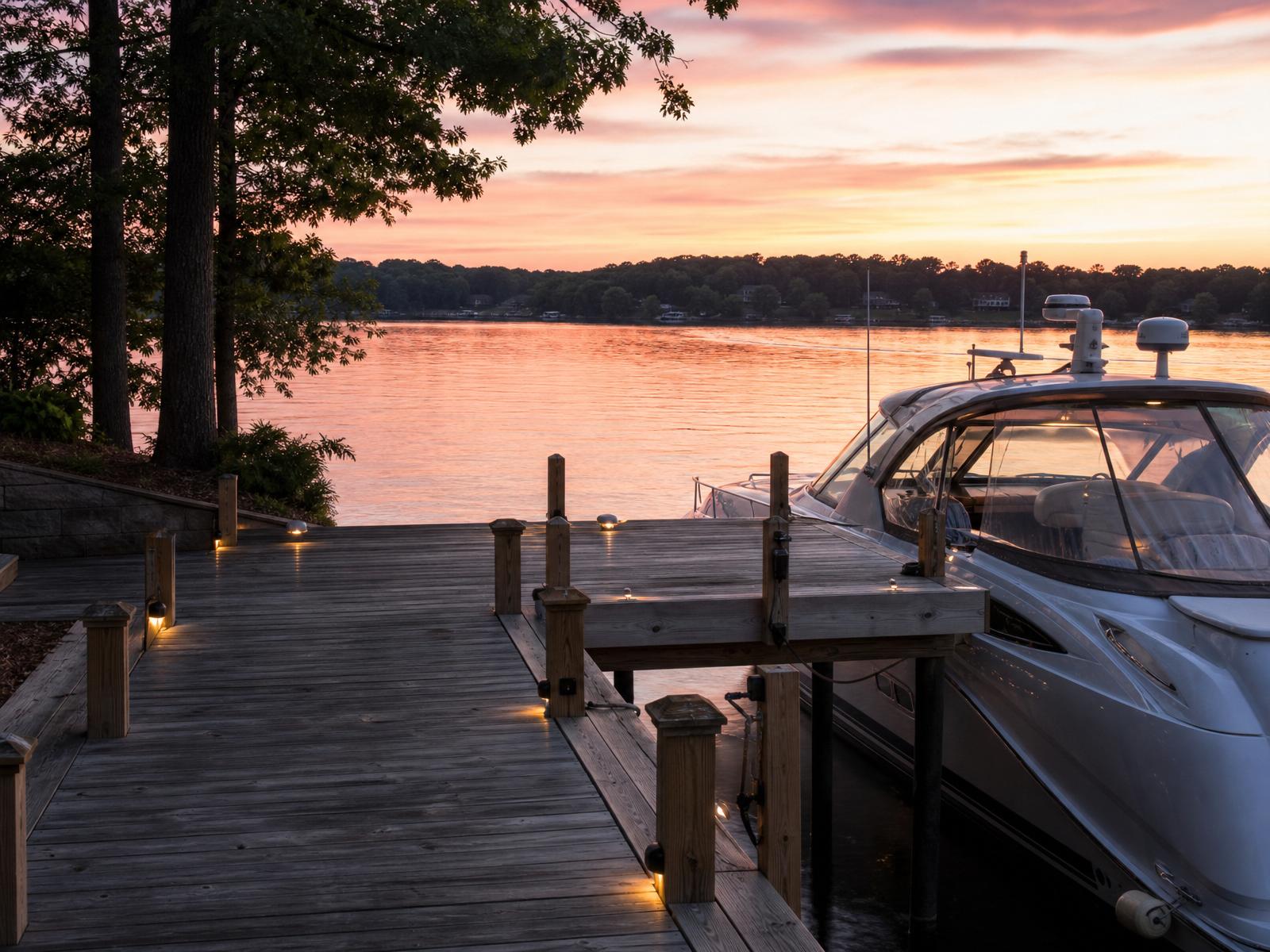 Luxury dock with yacht at sunset on Lake Norman