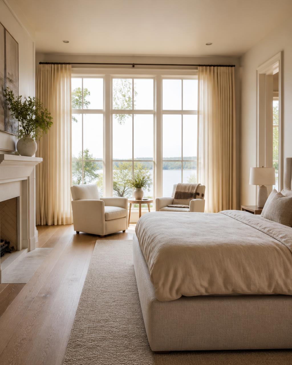 Serene primary bedroom suite with linen bedding and lake views