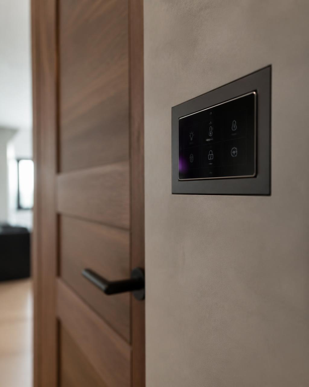 Minimalist smart-home control panel set into a plaster wall