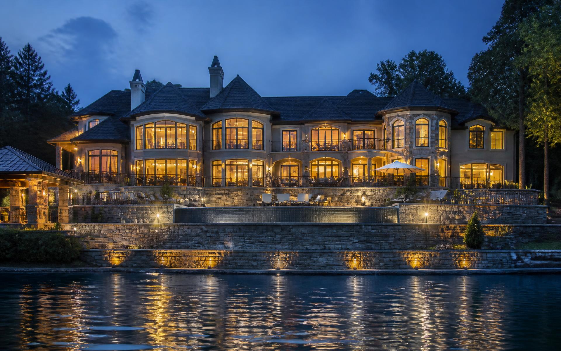Luxury waterfront estate on Lake Norman at sunset